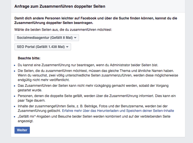 Bild wie FB Seiten zusammengeführt werden.